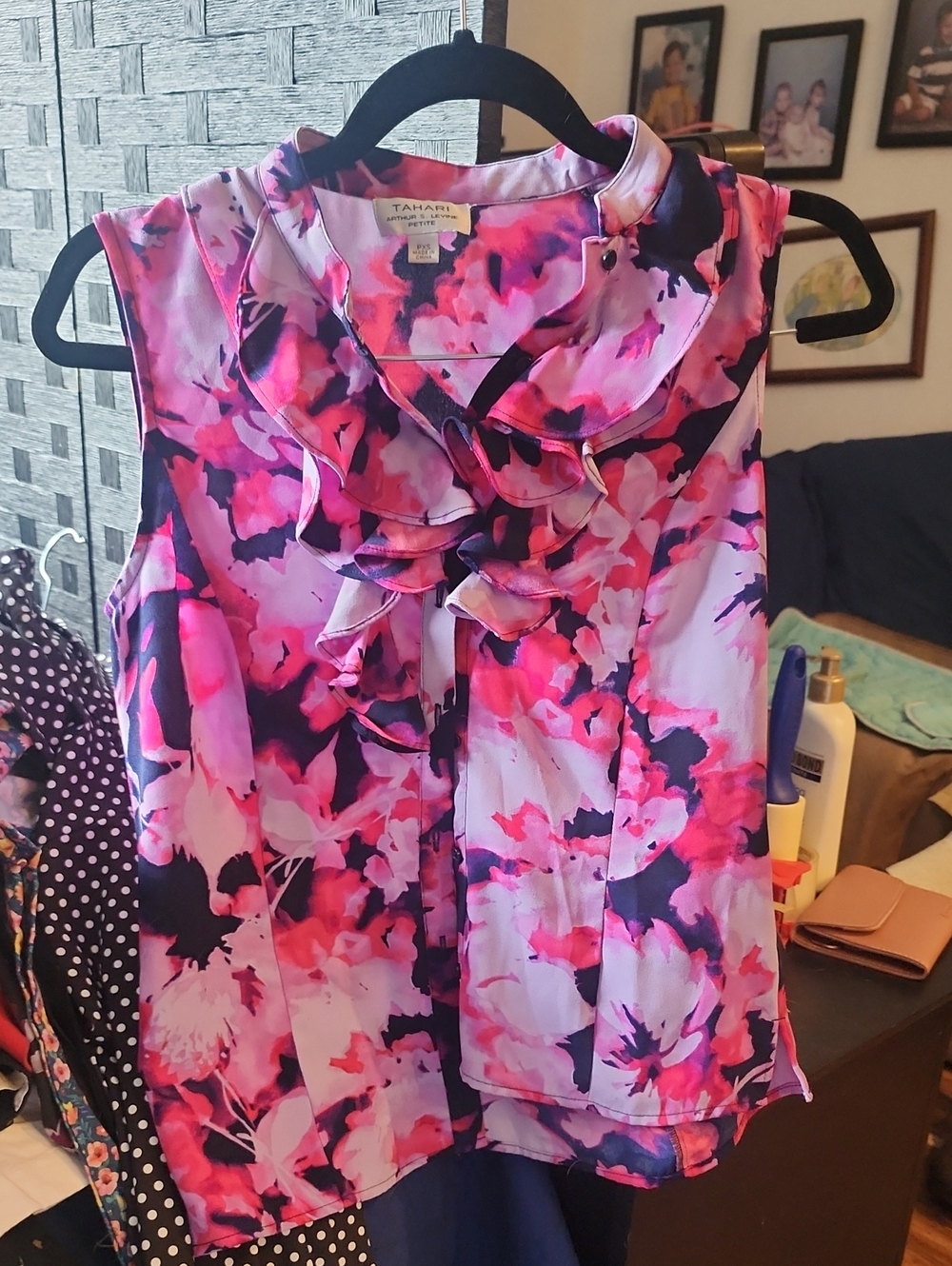 Tahari Pink and Navy Floral Ruffled Sleeveless Camisole